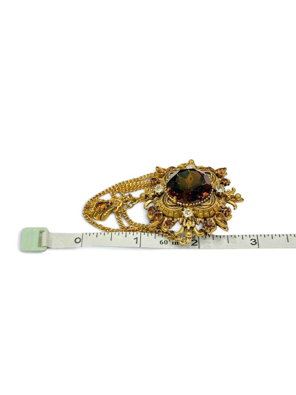 Vintage Florenza Gold-Tone Brown Crystal Brooch with Chain Drapes - Picture 15 of 16